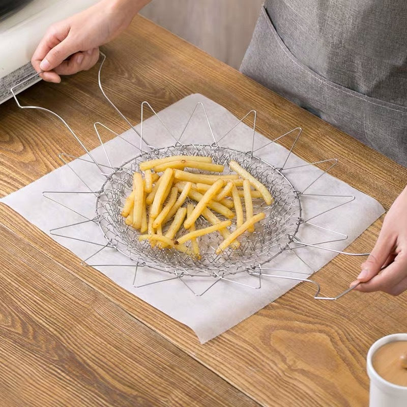 304 Stainless Steel Frying Basket Household Fries Fried Chicken Wings Retractable Folding Round Filter Mesh Leakage Draining Basket
