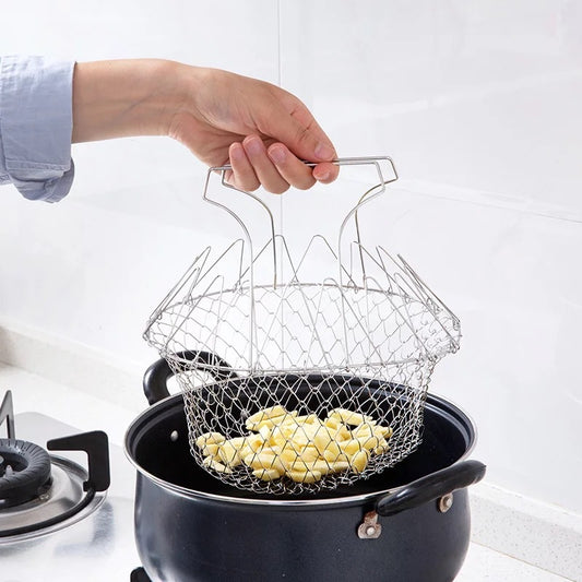 304 Stainless Steel Frying Basket Household Fries Fried Chicken Wings Retractable Folding Round Filter Mesh Leakage Draining Basket