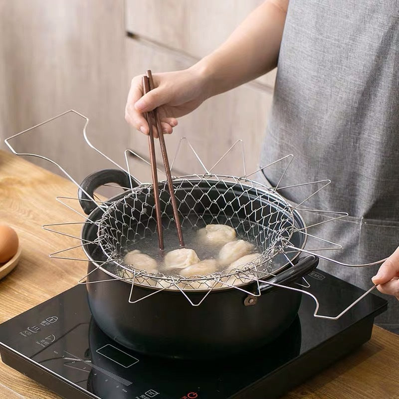 304 Stainless Steel Frying Basket Household Fries Fried Chicken Wings Retractable Folding Round Filter Mesh Leakage Draining Basket
