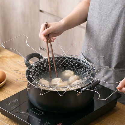 304 Stainless Steel Frying Basket Household Fries Fried Chicken Wings Retractable Folding Round Filter Mesh Leakage Draining Basket