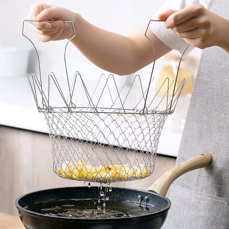 304 Stainless Steel Frying Basket Household Fries Fried Chicken Wings Retractable Folding Round Filter Mesh Leakage Draining Basket