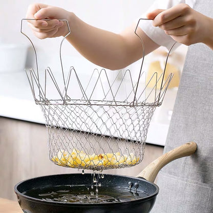 304 Stainless Steel Frying Basket Household Fries Fried Chicken Wings Retractable Folding Round Filter Mesh Leakage Draining Basket