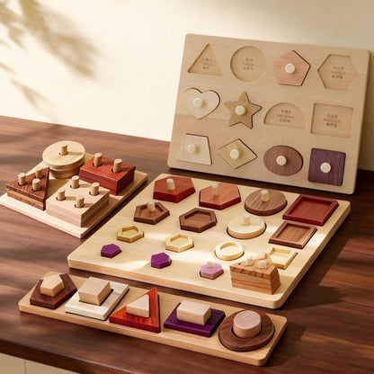 Solid Wood Geometric Shape Matching Cognitive Puzzle Hand-Held Early Education Educational Blocks